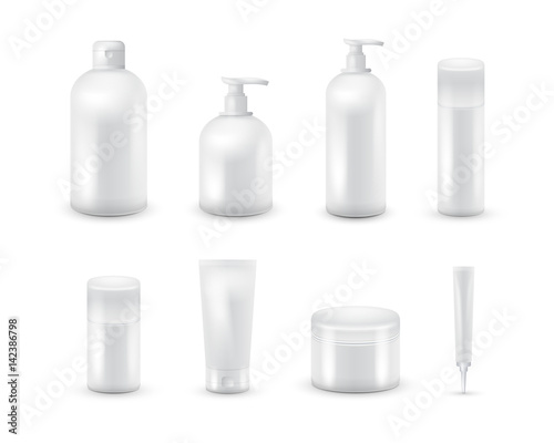 Blank cosmetic package collection set isolated on white background. Realistic cosmetic bottle mock up set. Shampoo and cream pack.
