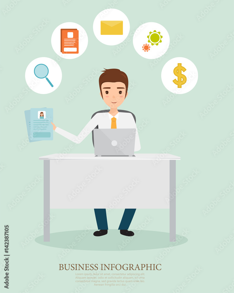 business man working in job character with a laptop. human resource processing in job description. vector people infographic. business man working in job character with a laptop. human resource processing in job description. vector people infographic.