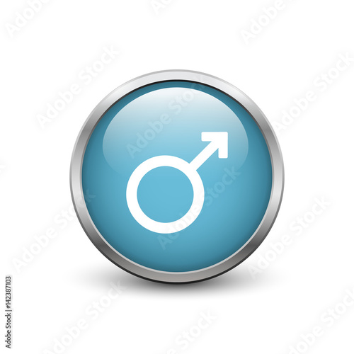 Male gender symbol, blue button with metal frame and shadow