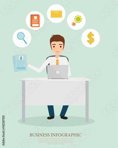 business man working in job character with a laptop. human resource processing in job description. vector people infographic.