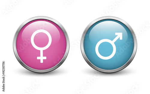 Female and male gender symbol, blue and pink button with metal frame and shadow