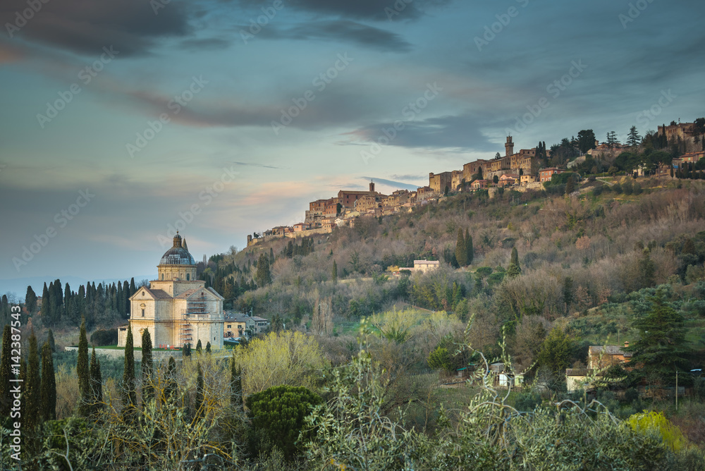 Skyline of the aerial view of the film famous town Montepulciano, Italy