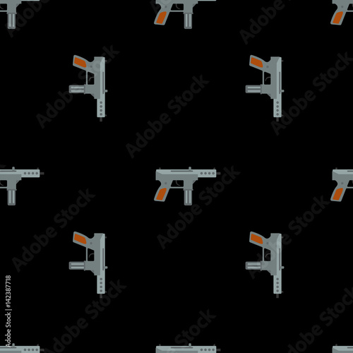 Submachine gun security and military weapon. Metal automatic gun. Seamless pattern, tiling ornament vector illustration