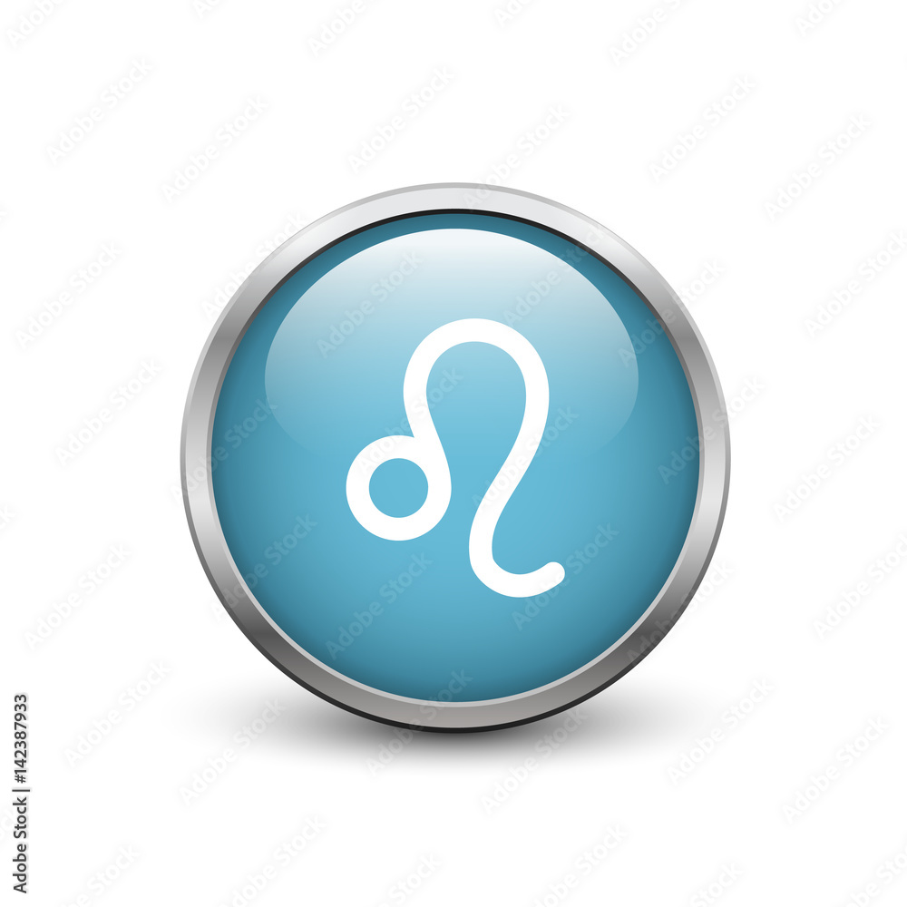 Virgo zodiac symbol, black button with metal frame and shadow