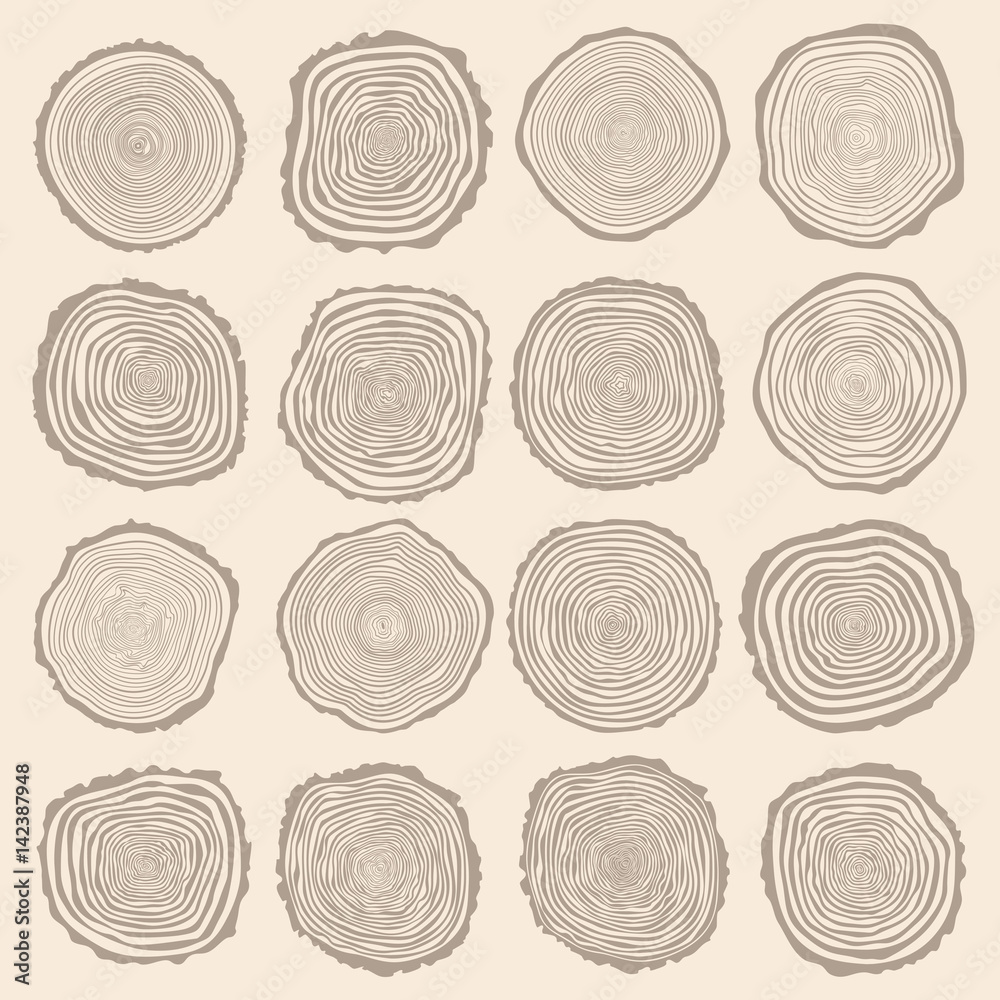 Collection of vector tree rings background and saw cut tree trunk. Conceptual graphics.