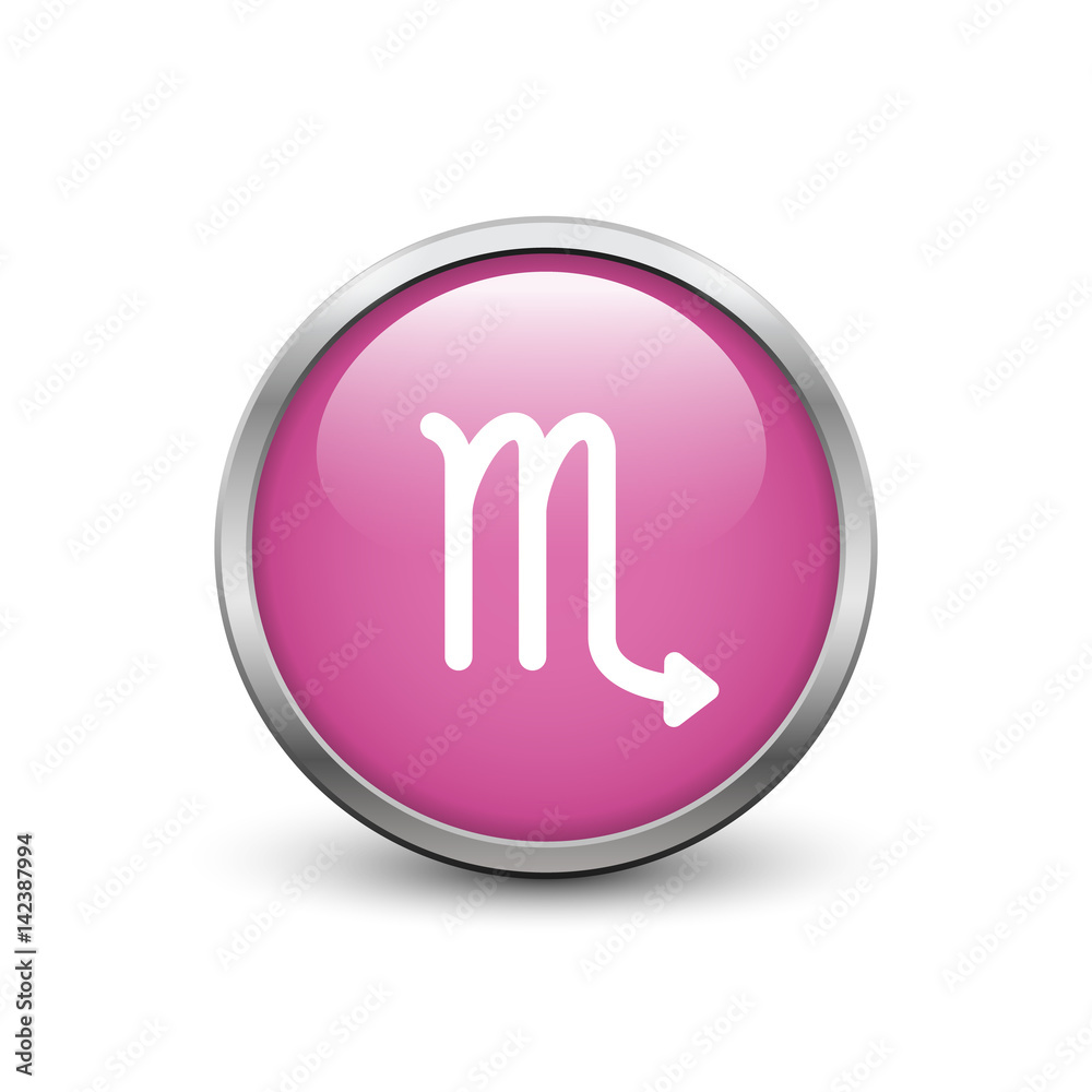 Virgo zodiac symbol, black button with metal frame and shadow Virgo zodiac symbol, black button with metal frame and shadow