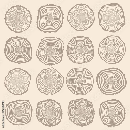 Collection of vector tree rings background and saw cut tree trunk. Conceptual graphics.