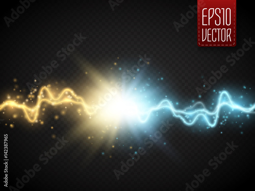 Collision of two forces with gold and blue light. Vector