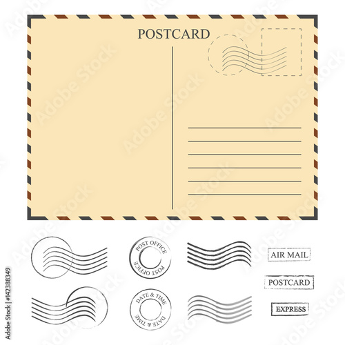 Vintage postcard with stamps, template. Set of stamps. Vector illustration