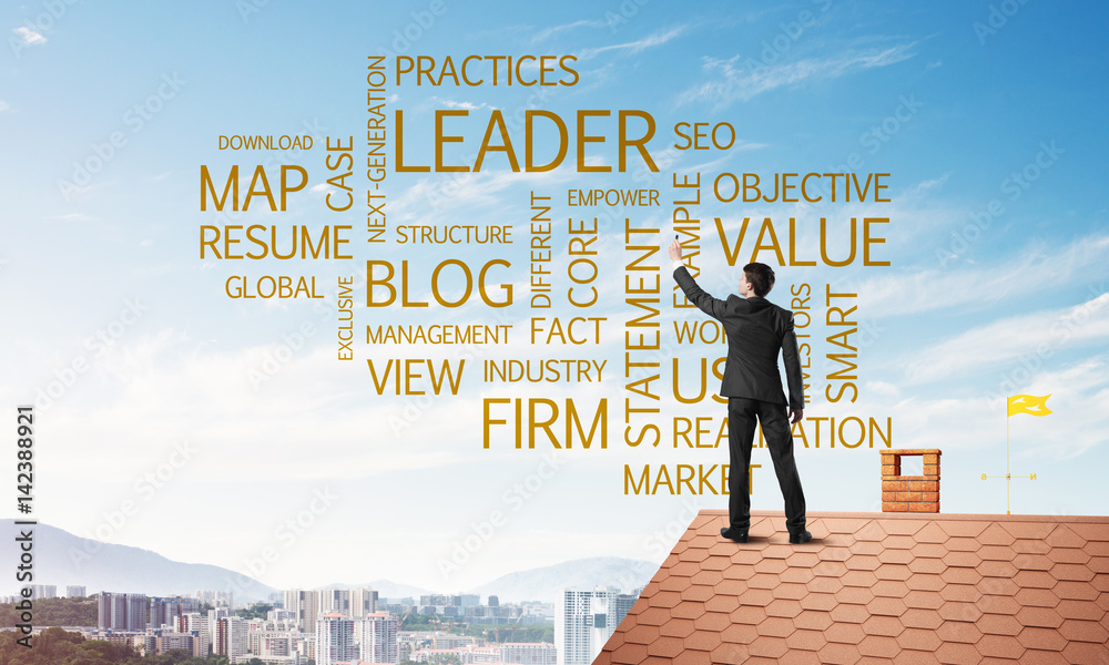 Young businessman standing on house roof and writing leadership skill concept. Mixed media Young businessman standing on house roof and writing leadership skill concept. Mixed media