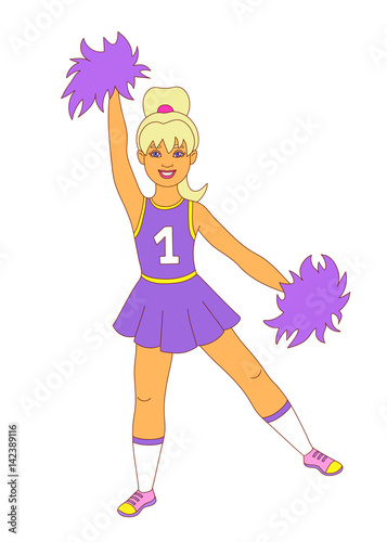 Happy dancing cheerleader. Sport team support. Smiling blonde girl with bangs and ponytail wearing purple uniform with number one print, white socks and pink sneakers jumping with violet pom-poms.