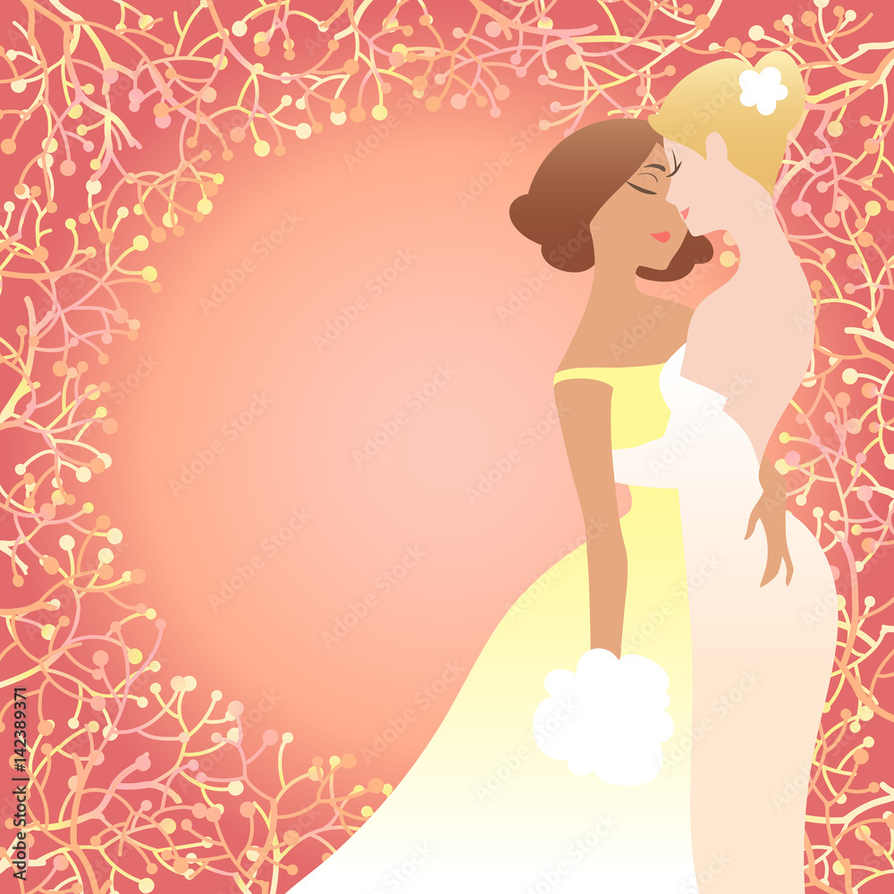 Illustration of female same sex couple embracing each other after being married. Same-sex family. Vector art, cartoon style on abstract background picture