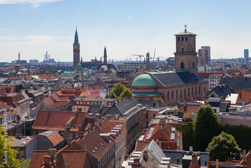 Cityscape of Copenhagen from the Round Tower. City center streets and towers