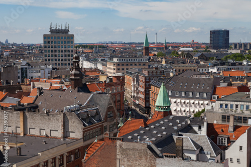 Cityscape of Copenhagen from the Round Tower. City center streets.