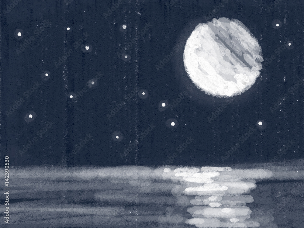 Hand Drawn Colorful White Moon And Lake On The Dark Blue Background Illustration Painted By Paper Chalk On Canvas High Quality Stock Illustration Adobe Stock