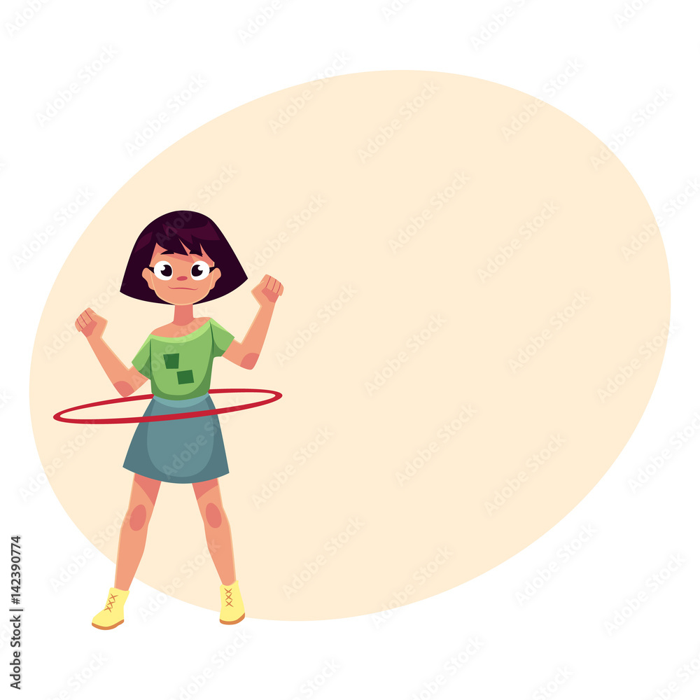 Teenage Caucasian girl spinning, playing with hula hoop, cartoon vector illustrationwith place for text. Girl with hula hoop, having fun at the playground Teenage Caucasian girl spinning, playing with hula hoop, cartoon vector illustrationwith place for text. Girl with hula hoop, having fun at the playground