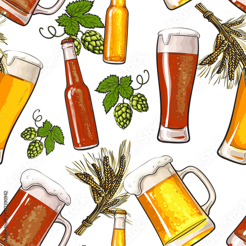 Seamless pattern of beer bottle, mug, glass, malt and hop on white background, sketch vector illustration. Hand drawn beer bottle, glass, hop seamless pattern, background, backdrop design