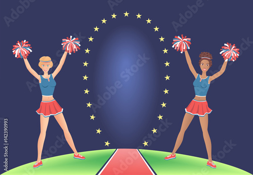 Cheerleaders with pom-poms near the stargate.