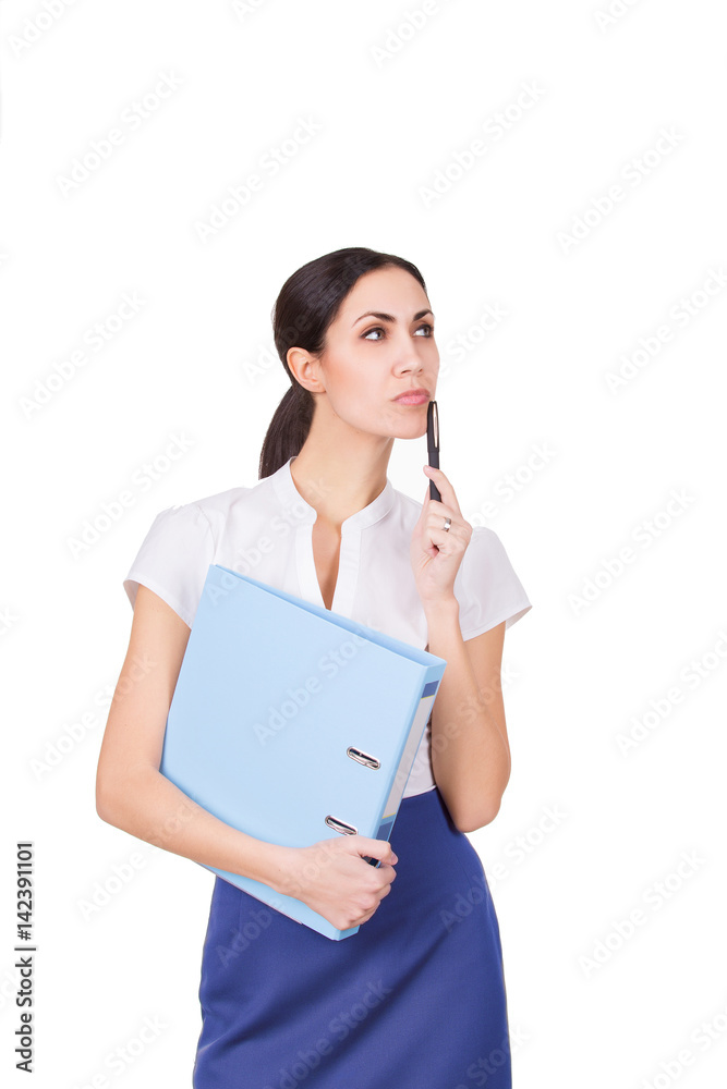 Beautiful business woman in formalware with documents thinking. Isolated Beautiful business woman in formalware with documents thinking. Isolated