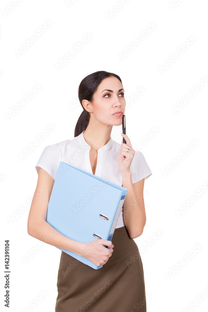Beautiful business woman in formalware with documents thinking. Isolated Beautiful business woman in formalware with documents thinking. Isolated