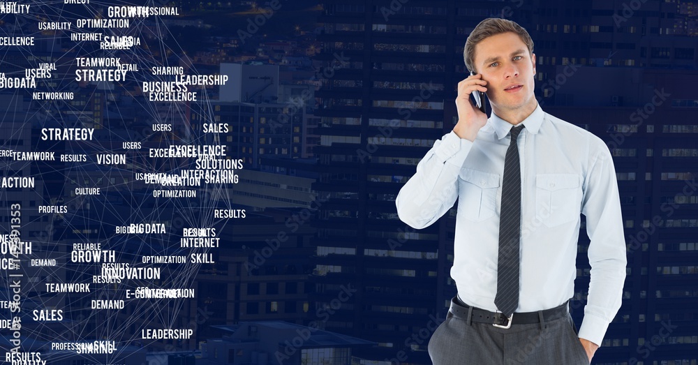 Man on phone against Night city with connectors Man on phone against Night city with connectors