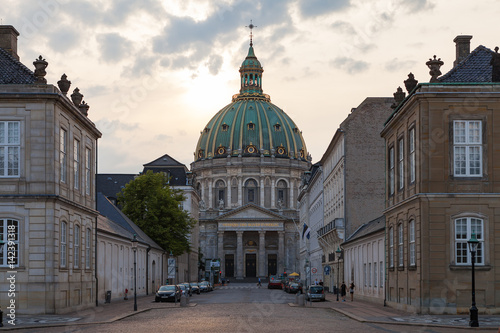 COPENHAGEN, DENMARK - 24 JUN 2016: Street view of Frederik's Church, popularly known as The Marble Church for its rococo architecture, is an Evangelical Lutheran church