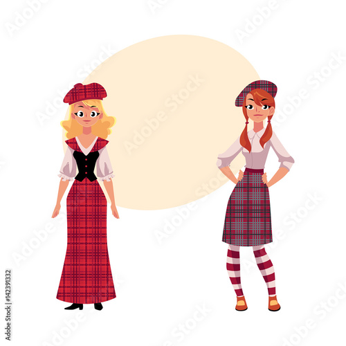 Two Scottish women in traditional and modern national clothes, tartan berets and kilts, cartoon vector illustration with place for text. Full length portrait of two Scottish women in tartan