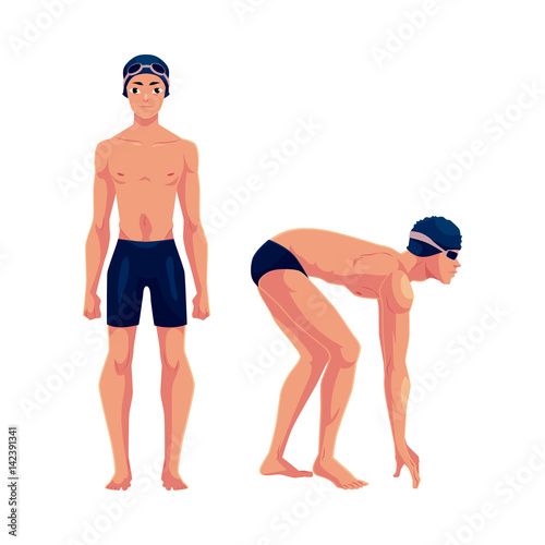 Handsome man, swimmer in swimming suit, cap, in standing and starting positions, cartoon vector illustration isolated on white background. Man, male swimmer in swimming suit