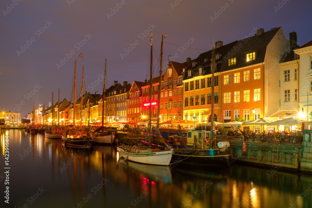 Night view of beautiful Nyhavn Canal. Copenhagen, Denmark.