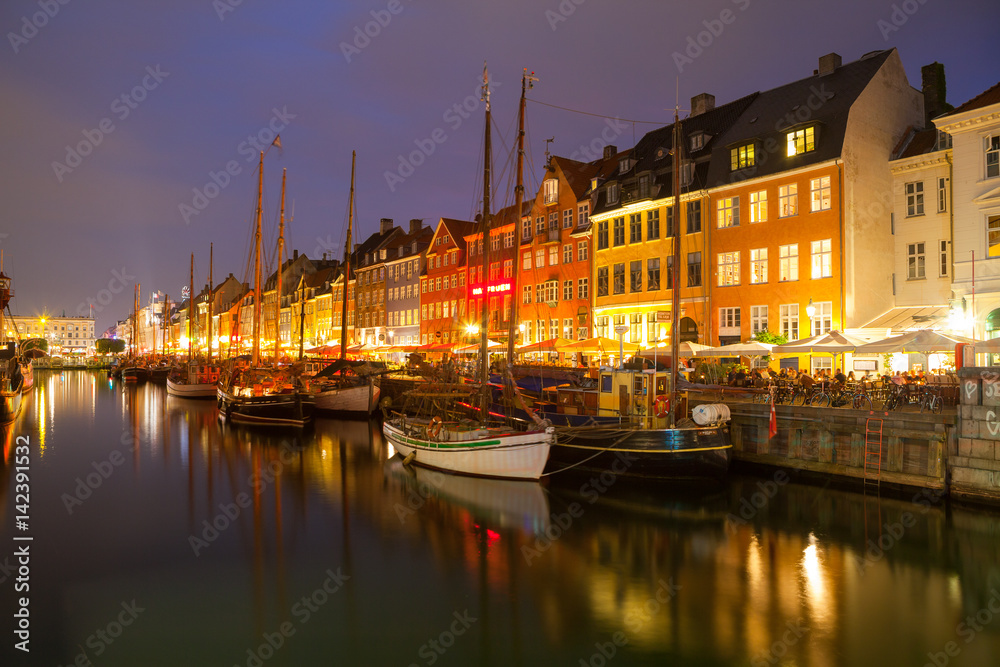 COPENHAGEN, DENMARK - 24 JUN 2016: Night view of beautiful Nyhavn Canal.