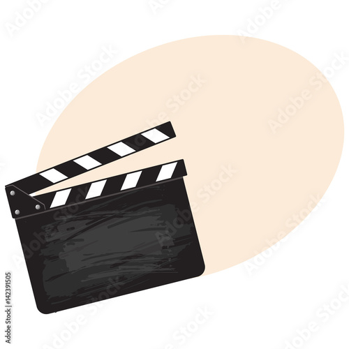 Blank cinema production black clapper board, sketch style vector illustration with place for text. Classical traditional cinema, motion picture production clapperboard, clapper board