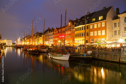 COPENHAGEN  DENMARK - 24 JUN 2016  Night view of beautiful Nyhavn Canal.