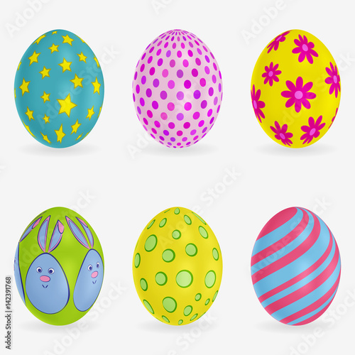 Set of colorful Easter eggs. Different patterns on each. Vector 3d icons. Festive vector illustration for your design.