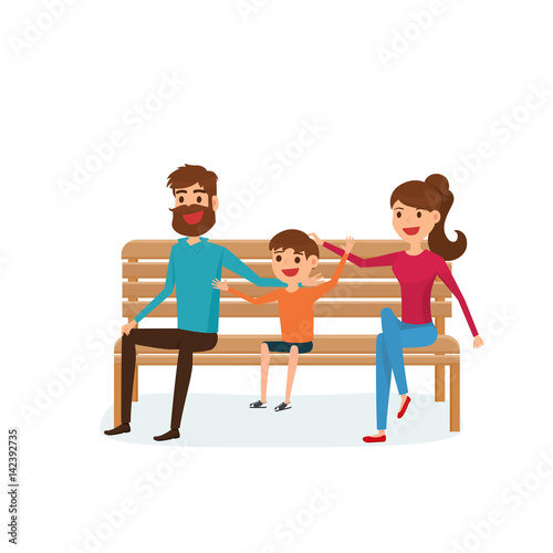 Happy family sitting on a bench in the park. Father, mother and children. Flat design style.