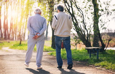 View from behind of an adult son walking with his senior father in the park.