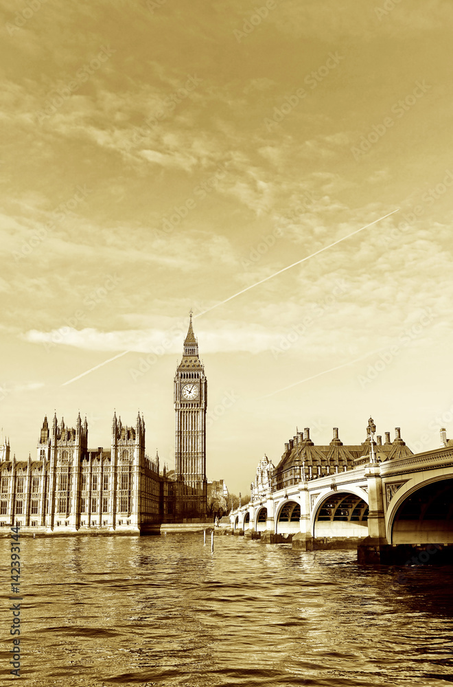 Houses of Parliament and Westminster Bridge in London with vintage effect.