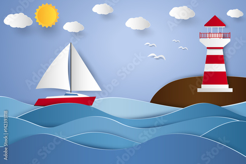 lighthouse and sailboat with seascape , paper art style
