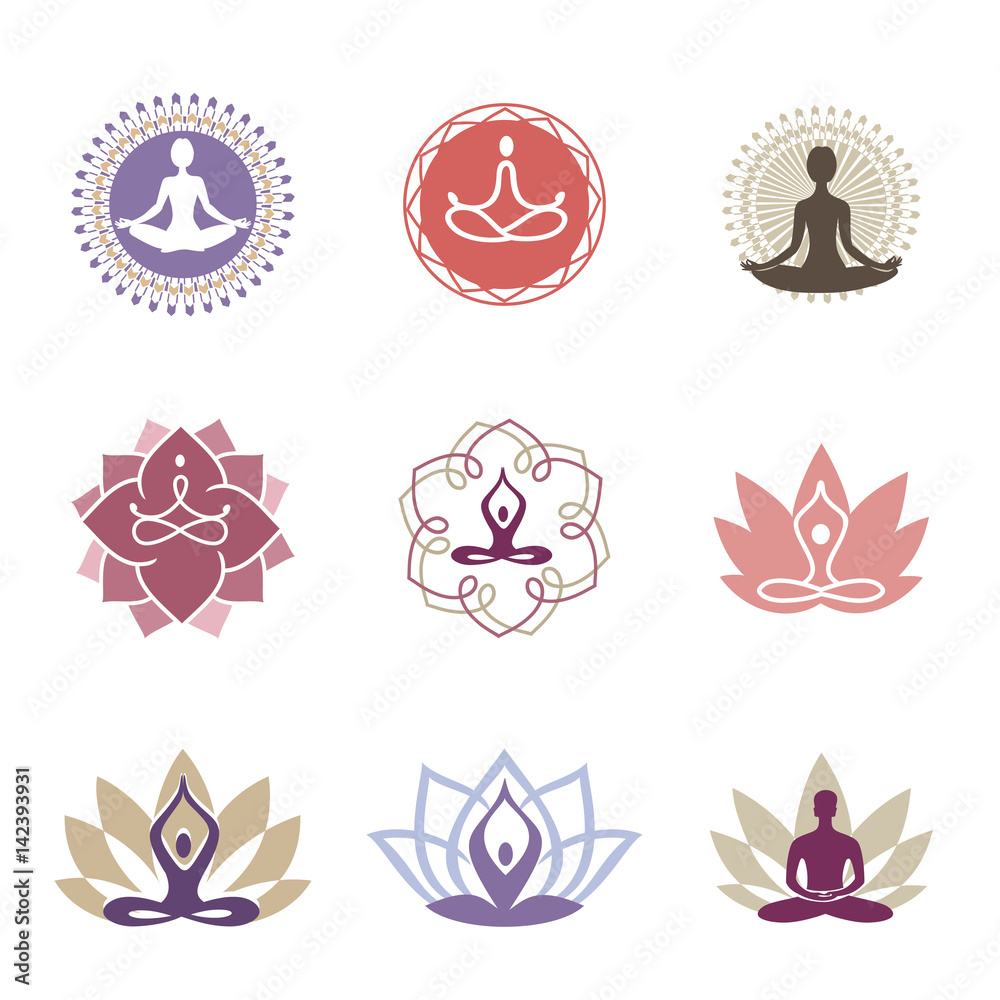 Yoga Logos / Vector yoga icons and line badges, graphic design elements or  logo templates for spa center or yoga studio Stock Vector
