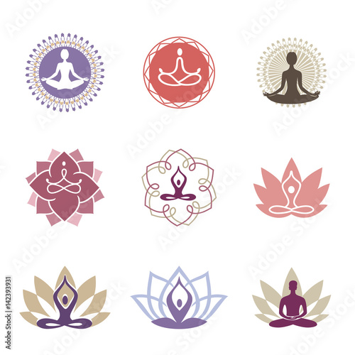 Yoga Logos / Vector yoga icons and line badges, graphic design elements or logo templates for spa center or yoga studio