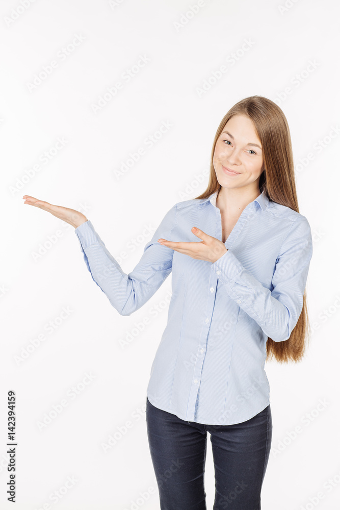 woman showing open hand palm with copy space for product or text. woman showing open hand palm with copy space for product or text.