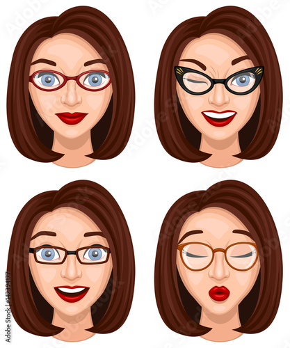 Vector illustration of a cartoon woman wearing four different styles of eyeglasses.