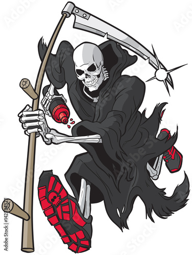 Grim Reaper Running with Athletic Shoes and Water Bottle