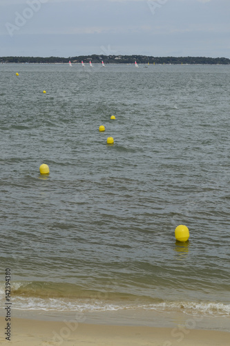 sea shoreline and yellow buoys