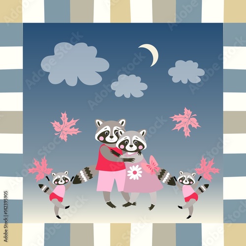 Baby shower invitation template with cute raccoons parents and twins - children. Vector illustration.