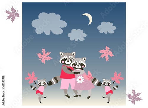 Baby shower invitation. Parents and twins - children. Vector illustration. Cute funny raccoons.