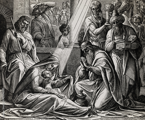 The newborn Jesus with mother Mary and three wise men, graphic collage from engraving of Nazareene School, published in The Holy Bible, St.Vojtech Publishing, Trnava, Slovakia, 1937.
