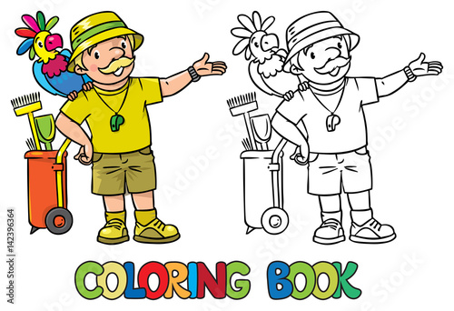 Coloring book of funny zoo keeper with parrot