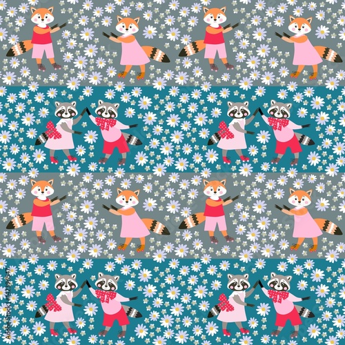 Beautiful seamless pattern with cute raccoons and foxes surrounded by flowers...
