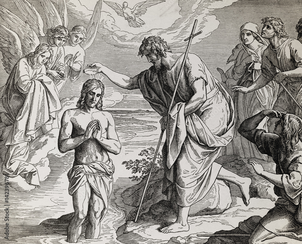 Fototapeta premium Baptism of Jesus Christ by John the Baptist, graphic collage from engraving of Nazareene School, published in The Holy Bible, St.Vojtech Publishing, Trnava, Slovakia, 1937.