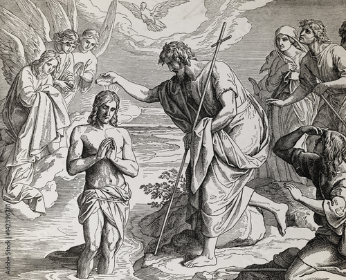 Fototapete Baptism of Jesus Christ by John the Baptist, graphic collage from engraving of Nazareene School, published in The Holy Bible, St